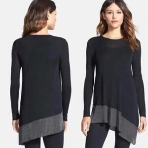 Eileen Fisher Tunic Top Asymmetrical Hem Knit Crewneck Black & Metallic Size L